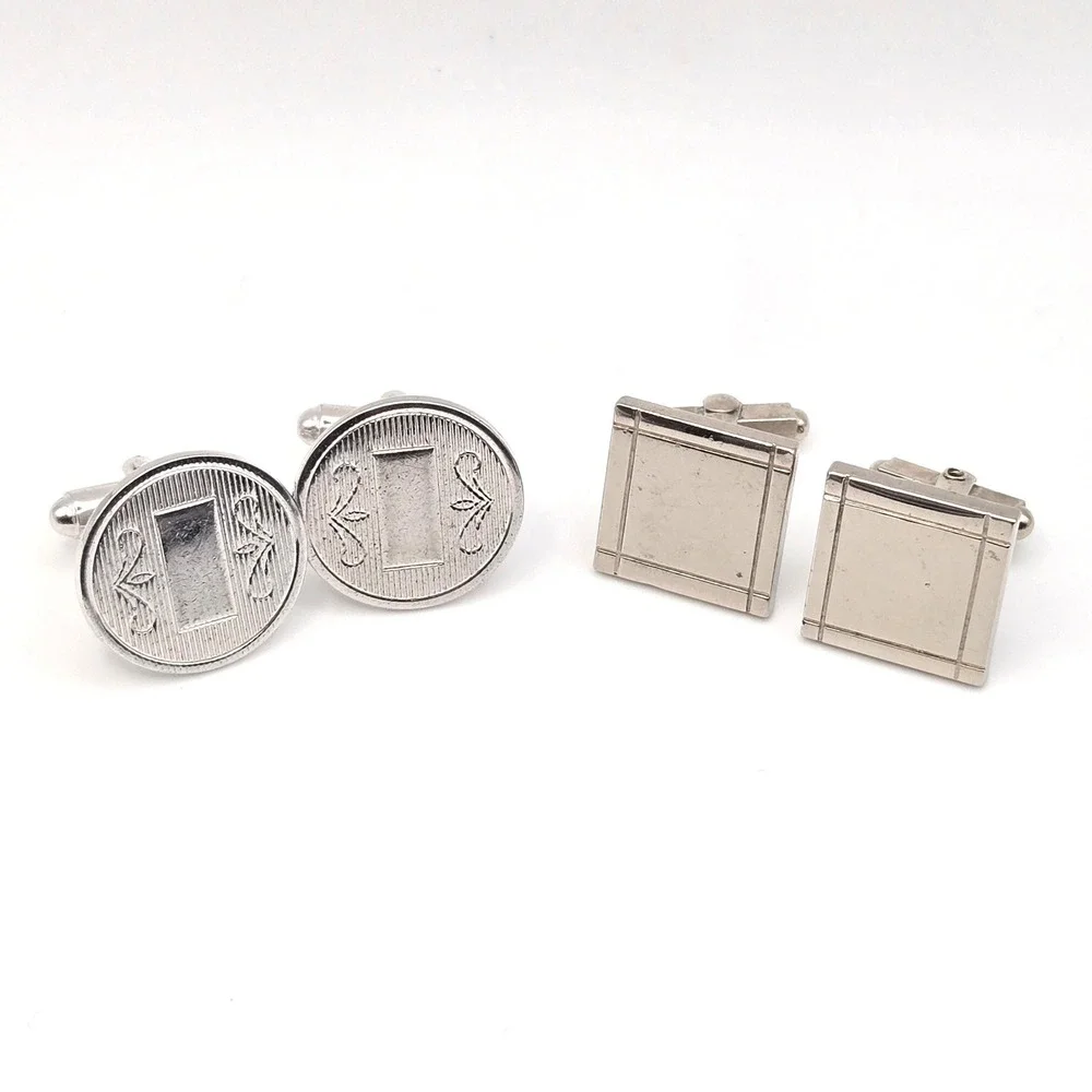 Vintage Silver Tone Cufflinks Set Round Hickok USA Engraved and Square Geometric